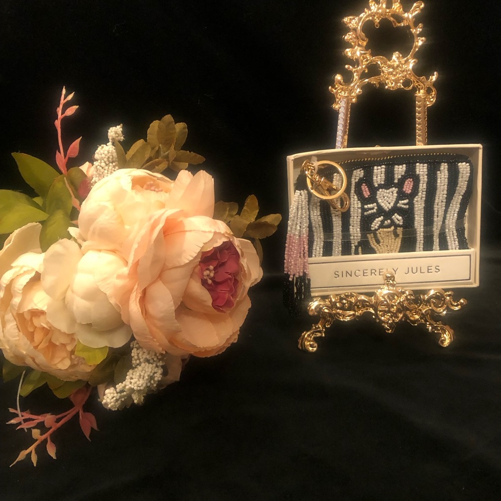 Sincerely Jules Striped Beaded Cat Zippered Coin Purse